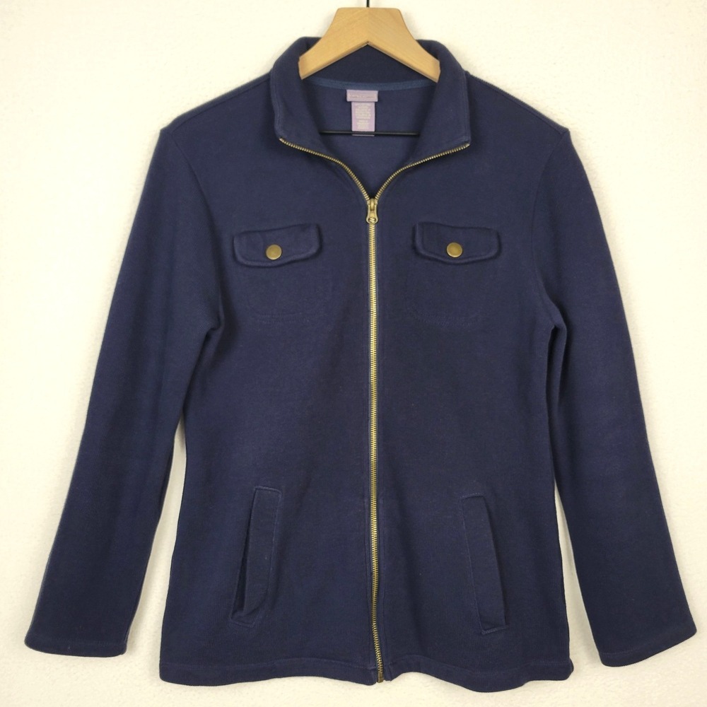 Vintage Laura Scott Petite‎ M Navy Knit Zip Jacket Brass Hardware Y2K Classic